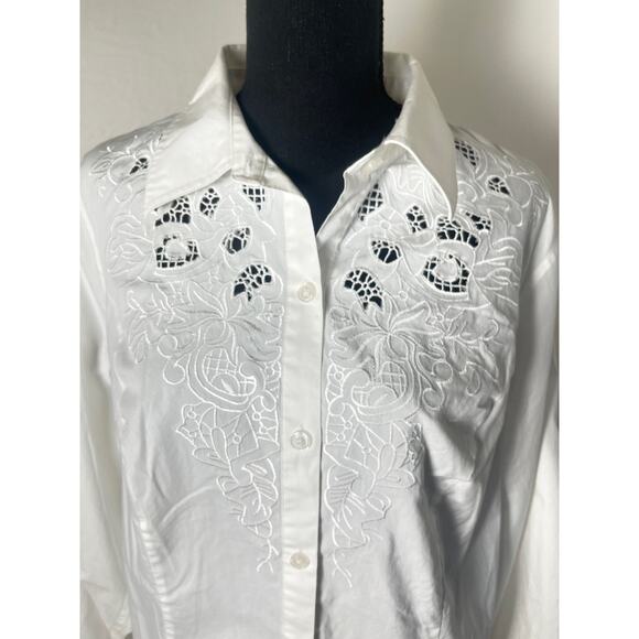 CJ Banks Womens Collared Academia Business Embroidered Button-Up Blouse White 1X - Picture 2 of 10